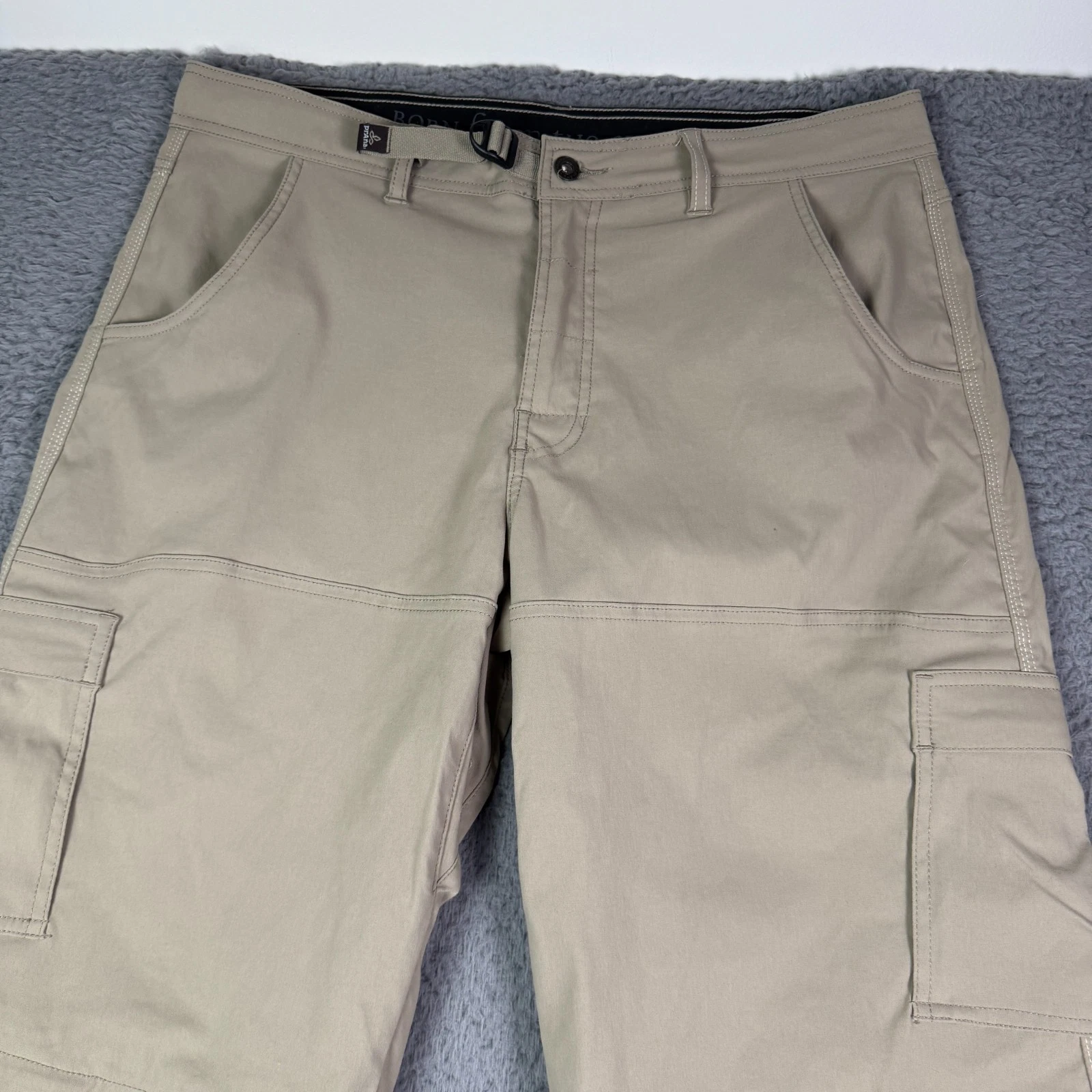 Prana Stretch Zion Convertible Pants Mens XL (38x32) Beige Hiking Cargo Belted