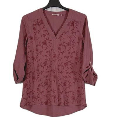 Soft surroundings rose linen blend V-neck long sleeve floral embroidered top L