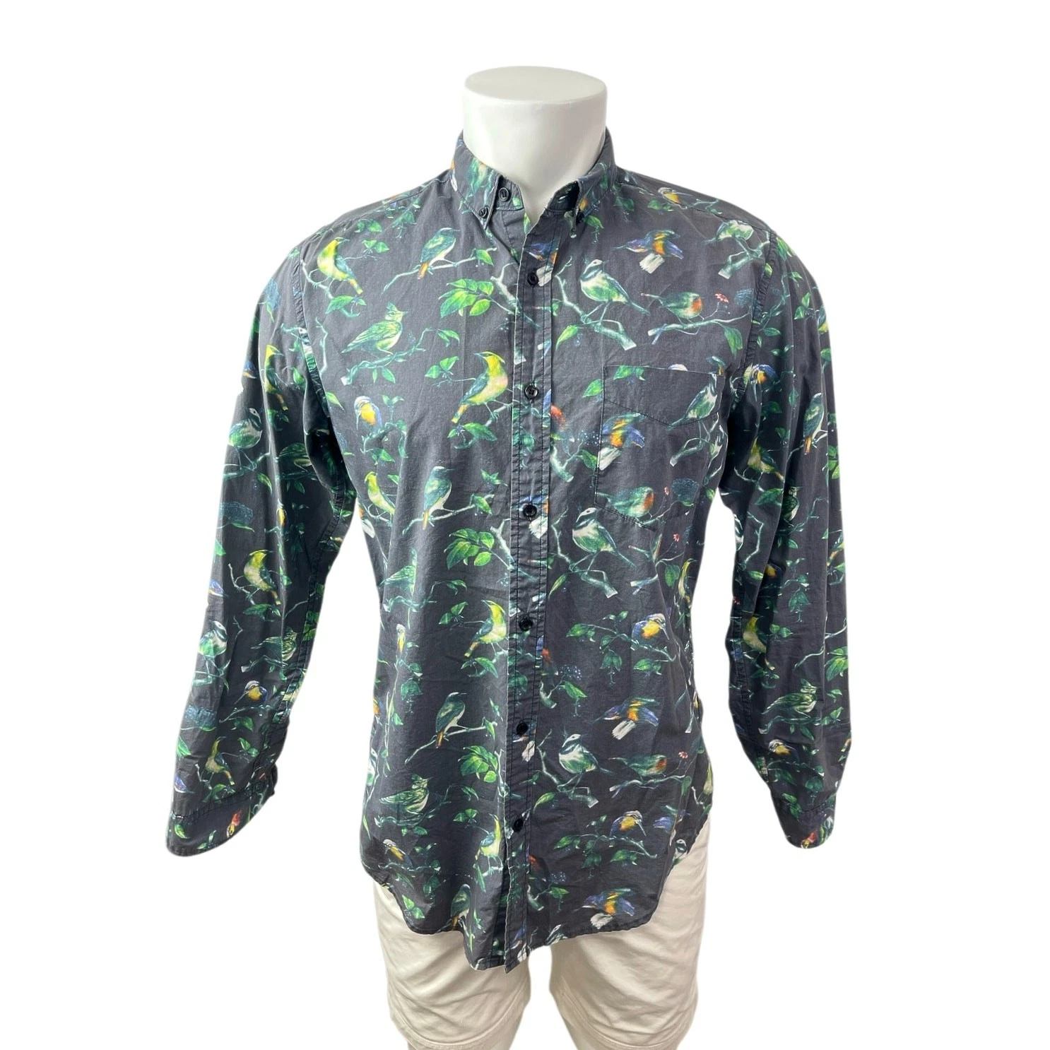 Shades of Grey Bird Botanical Print Collared Long Sleeve Button Down Shirt Top S