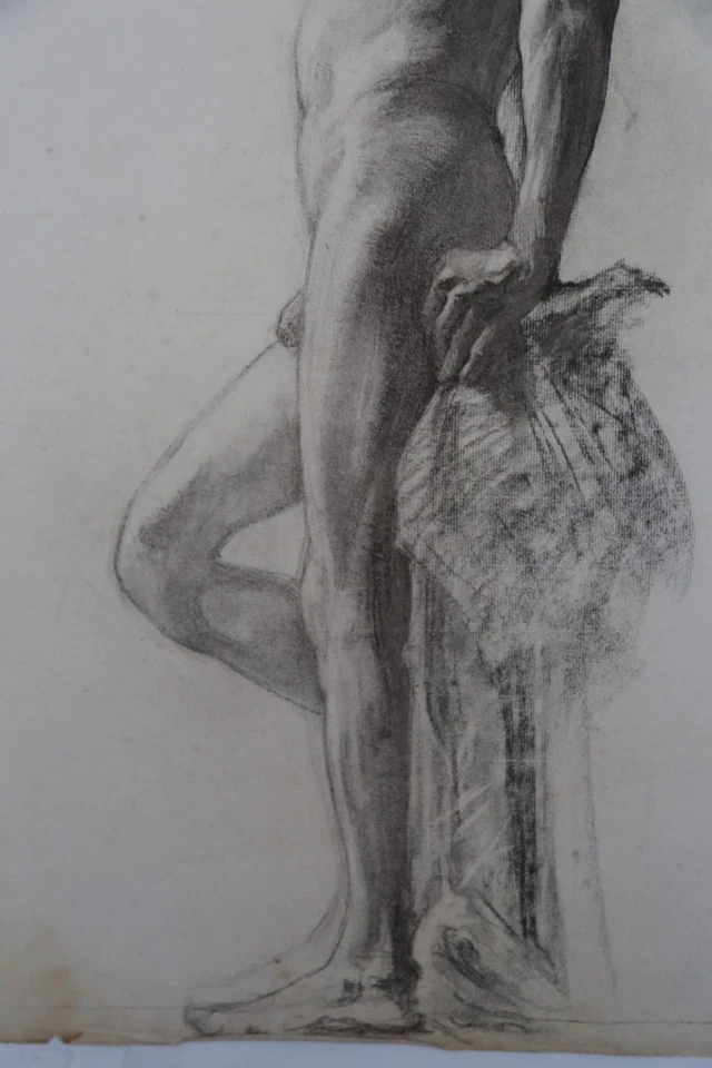 Antique French Nude Male Academic Figure Drawing. - Image 3 of 4