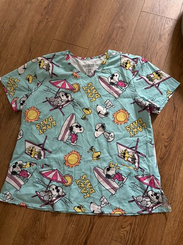 Peanuts Snoopy Joe Cool AOP Scrub Top Surfing Summer Lazy Days EUC XL