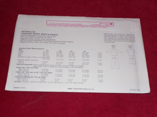 ๐ธ KWIK SEW #3149 - TODDLER'S CREW NECK TOP - SHORTS & PANTS PATTERN T1-T4 FF - Picture 2 of 2