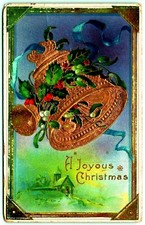 Shiny Gold Bell Holly Ribbon A Joyous Christmas 1913 DB Postcard I7