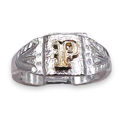 925 Silber Monogramm Siegelring 10k Gelbgold Buchstabe P Initialengröße 4,5