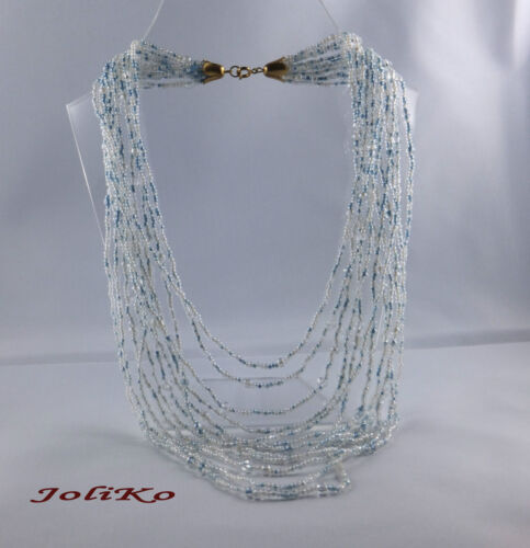 JoliKo Halskette Glasperlen Edle Kette Necklace Kaskade Gold pl Blau Weiß Glas - Bild 1 von 1