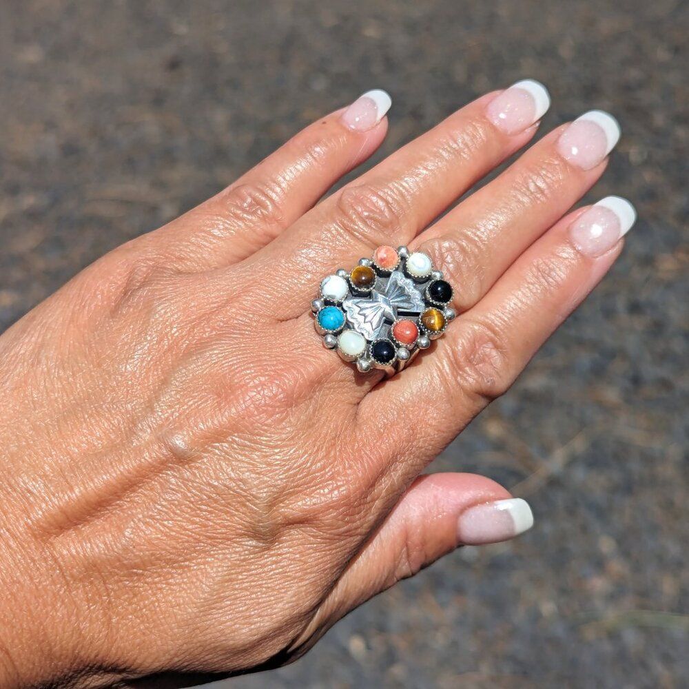 Zuni Multi Stone Cluster Ring Handcrafted Native American Jewelry
