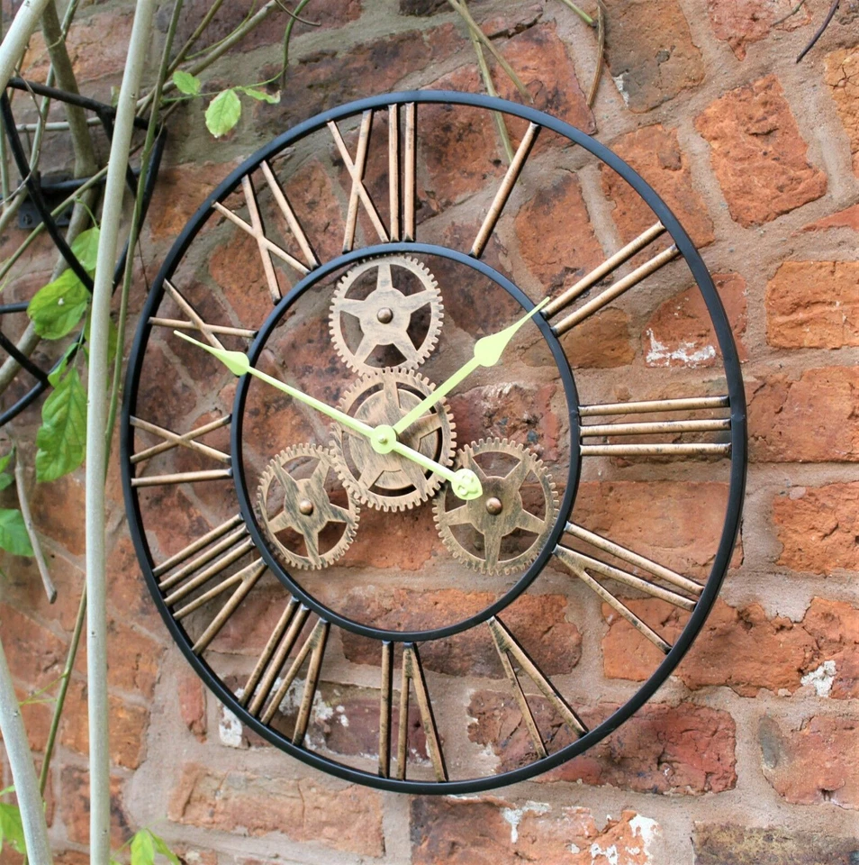 Large Outdoor Clock skeleton Giant Open Face Home Shabby Chic Decor COGS GOLD - Image 2 of 4