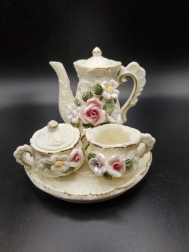 Miniature 6 Piece China Tea Set With 3D Flowers and Gold Trimmed Accents - Picture 1 of 17