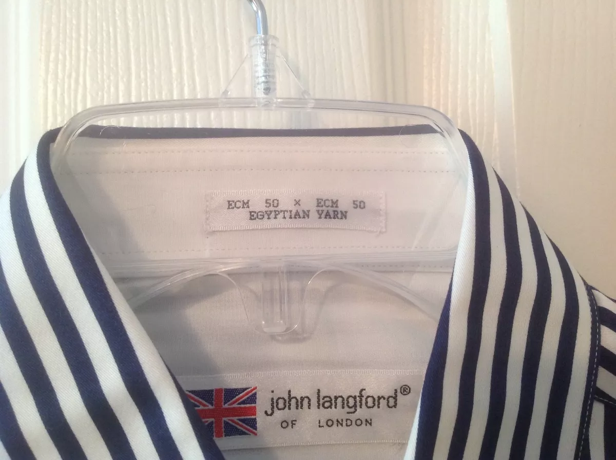 JOHN LANGFORD OF LONDON Men's Shirt - Size Medium (Navy Blue and White  Stripe)