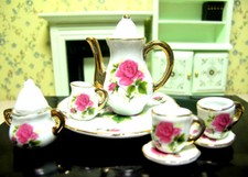 Dollhouse Miniature Porcelain Coffee Tea Set Teapot Cup Plate Dish Kitchen Decor