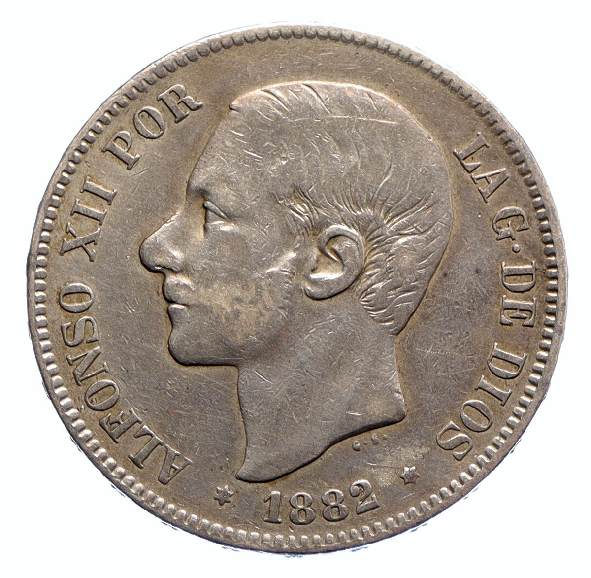 アルフォンソ12世　スペイン王国5 1882 SPAIN w King ALFONSO XII Antique OLD Silver 5 Pesetas
