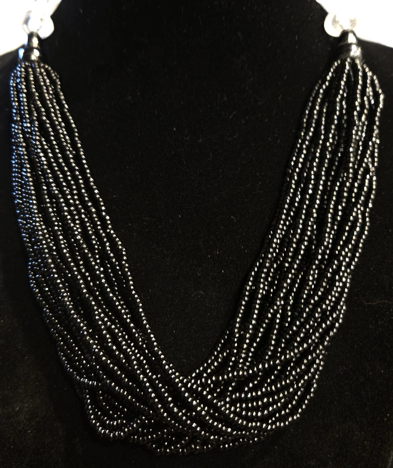 VETEMENTS Collana perle semi neri vintage 24 fili acrilico trasparente tono argento gioielli 17"L