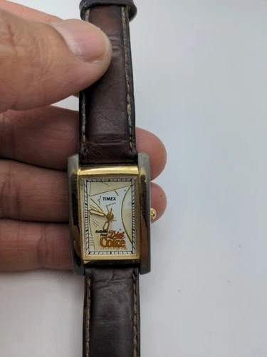 Vtg Timex Diet Coke Ladies Watch Gold Tone Tank Dial Brown Leather - RUNS