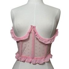 Pink Sheer Mesh Swiss Dot Corset Top Ruffle Bustier Strapless Small Layering