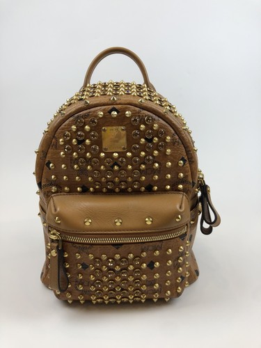 MCM small Backpack Cognac Visetos Studded Crystal Gold‑tone Hardware