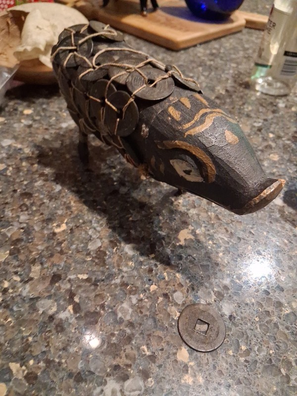 Artisan Indonesian Art Wooden Pig Sculptue w/ Chinese Coins Figurine As Is