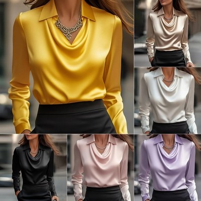 Women's Satin Blouse Elegant Swing Cowl Neck Long Sleeve Office Casual Shirt Top