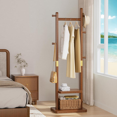 Walnut Brown Solid Wood Coat Rack with 5 Hooks & 2 Shelves for Entryway