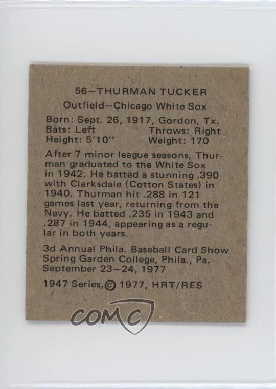 1977 HRT/RES Philadelphia Card Show 1947 Series Thurman Tucker #56 - Image 2 of 2