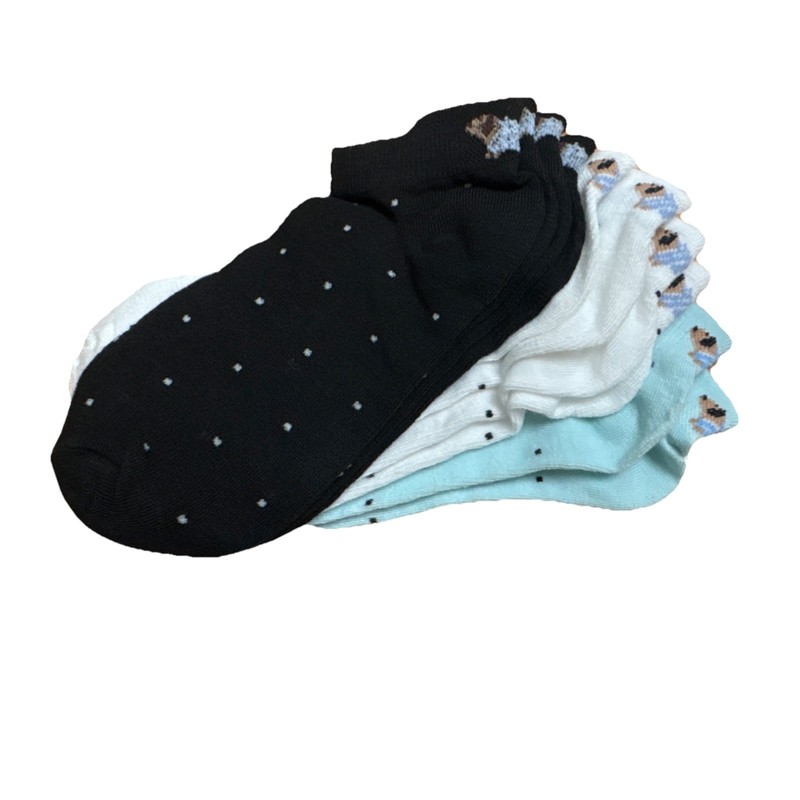 Womens Daschund  Ankle Socks Polka Dot Cotton Blend Black White Blue 5 Pairs 