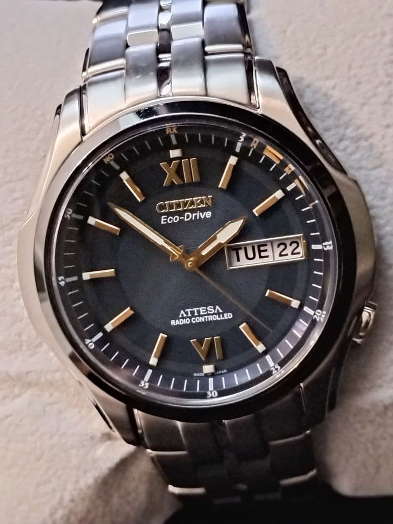 Citizen Attesa Radio-Controlled Solar Watch Gold & Navy Date From Japan