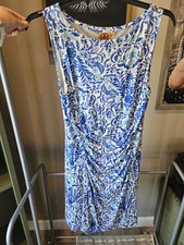 Tory Burch Silk Jersey Dress size XL Fitted Floral Blue White Spring