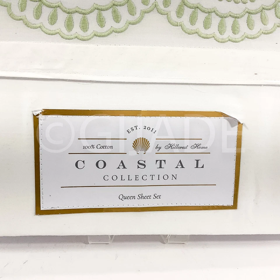 Coastal коллекции королева простыня комплект 4шт белый и зеленый 100% хлопок новый - Изображение 4 из 4