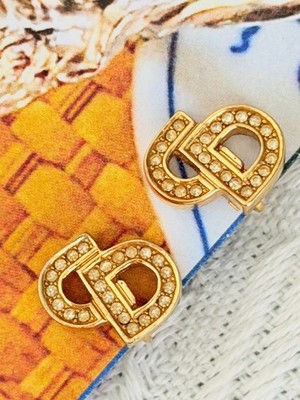 Christian Dior Vintage 1980s Iconic Crystal Logo CD Monogram Clip Earrings Gold