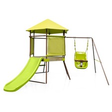 4-in-1 Kids Outdoor Metal Playset with Covered Playhouse Fort, Slide Ladder