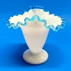 VTG 40s Fenton Aqua Blue Crest Milk Glass Ruffled Edge Pedestal Trumpet Vase 4"