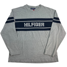 VTG 2001 Tommy Hilfiger Mens Spell Out Long Sleeve Pullover Shirt Grey XL