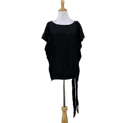 BCBGMAXAZRIA Beaded Fringe Top Womens S Black Silk Dolman Sleeves Side Tie Boxy