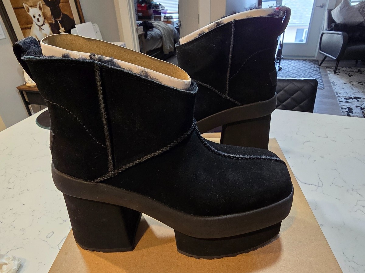 UGG Women's New Heights Platform Mini Black Suede Boots 1157910