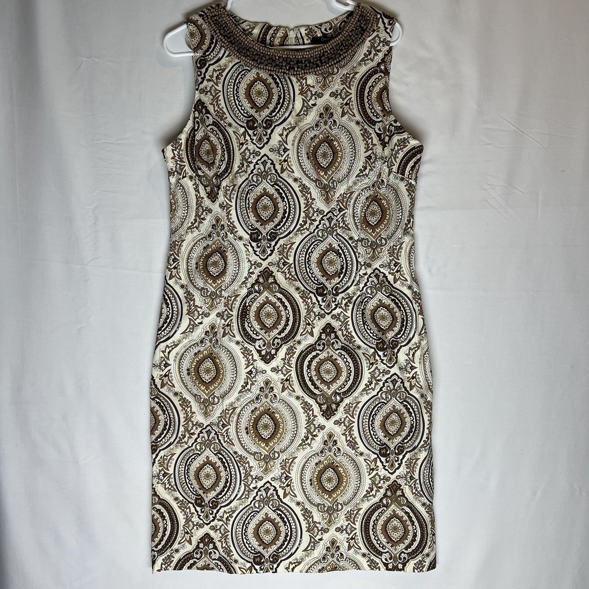 Chadwicks Dress Women's 16 Sleeveless Sheath Dress Beaded Collar Retro Pattern Chadwicks Dress Women's 16 Sleeveless Sheath Dress Beaded Collar Retro Pattern