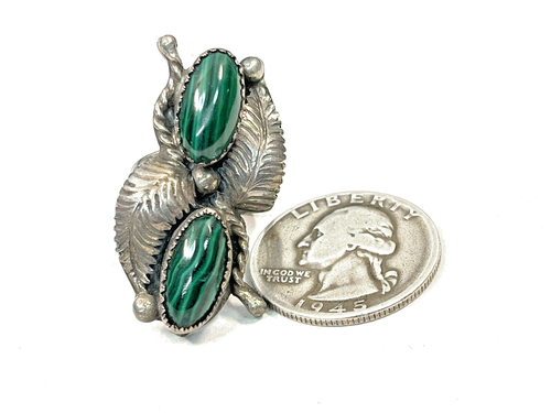 Anello in argento sterling malachite misura 5 grande lungo 34 mm vecchio pedone AZ estate NOS