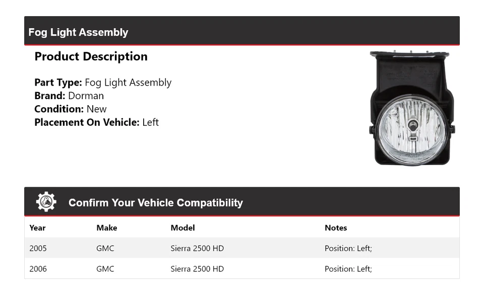 For 2005-2006 GMC Sierra 2500 HD Dorman Fog Light Assembly Left - Image 2 of 4