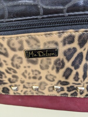 Mia De Luca Crossbody Bag Small Purse Leopard Studs Burgundy Brown