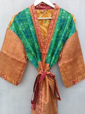Christmas Day Gift For Her Soft Sari Silk Kimono Robe Luxury House Gown,  B-1623