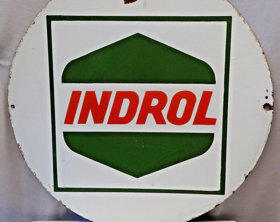 Letrero vintage esmaltado Indrol Castrol doble cara redondo 20" aceite garaje publicidad, Foto 4 de 4