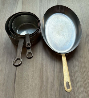 Antique French Copper Saucepans Set of 3 Nesting Cooking Pans Riveted Iron