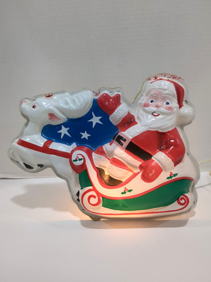Vintage Santa Reindeer Light Up Hard Plastic Vacuum Mold Patriotic Harett Gilmar