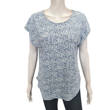 Women's Linen Blend Top Medium Size Blue Allover Printed Short Sleeves Tee Shirt