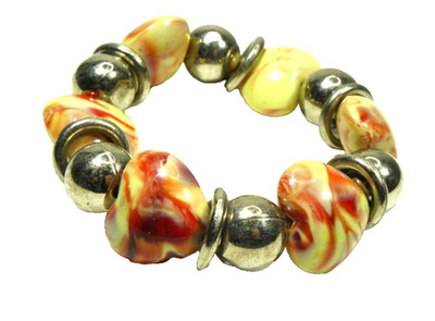 Heart Beaded Stretch Bracelet Elastic Cream Red Marble Pattern Silver Tone