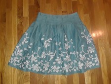 Ladies Talbots Blue Ivory Embroidered Floral Linen A-Line Skirt Size 10P