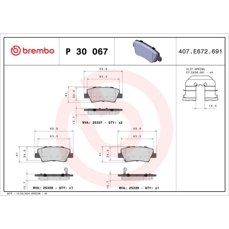 BREMBO P 30 067 Brake Pads Set Rear for i30 Optima i40 Cee'D Rio Sonata Sportage