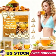 60- Premium Turmeric Ginger Cinnamon Tea Bags, 100 Natural No Additive Support