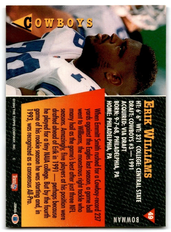 1994 Bowman Erik Williams Dallas Cowboys #49 - Image 2 of 2