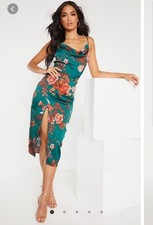 PrettyLittleThing ladies Green Floral Satin Midi Dress – Size 8 UK