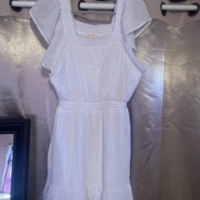 joie de vivre White A-Line Smocked Flutter Sleeve Square Neck Ruffle Dress L
