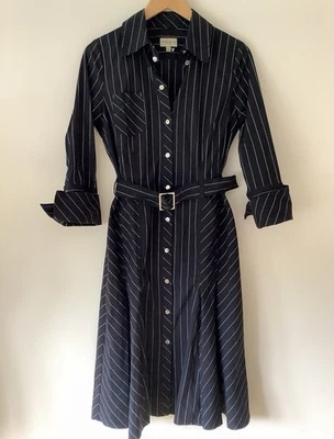 Karen Millen Vintage Pinstripe Belted Fit And Flare Military Shirt Dress Size 12 - Image 1 of 4